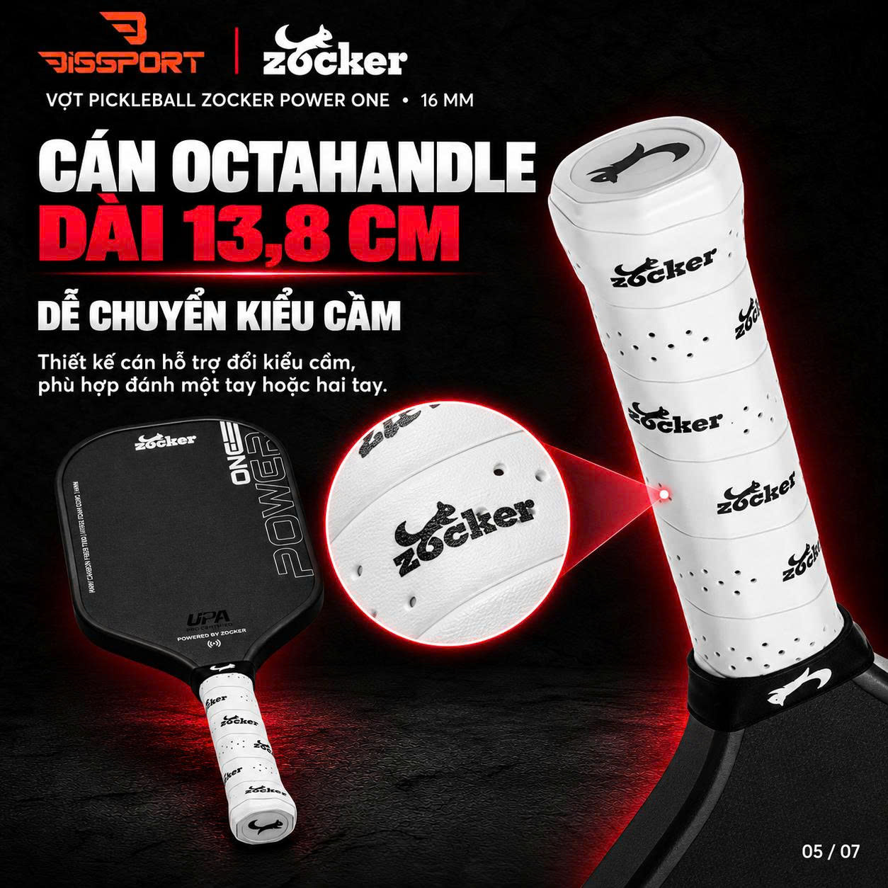 Vợt Pickleball Zocker Power One 16mm Chính Hãng - Màu Đen - Lõi Foam - Mặt Carbon T700 Nhám Trợ Lực Tốt - Tạo Xoáy